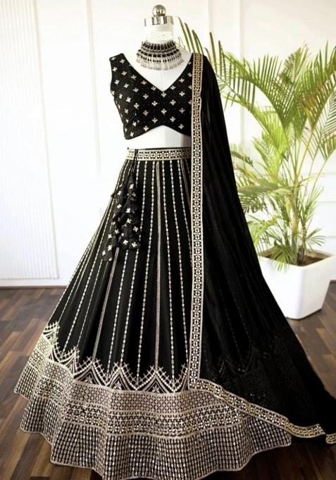 Black embroidered Georgette Lehenga Set With Dupatta