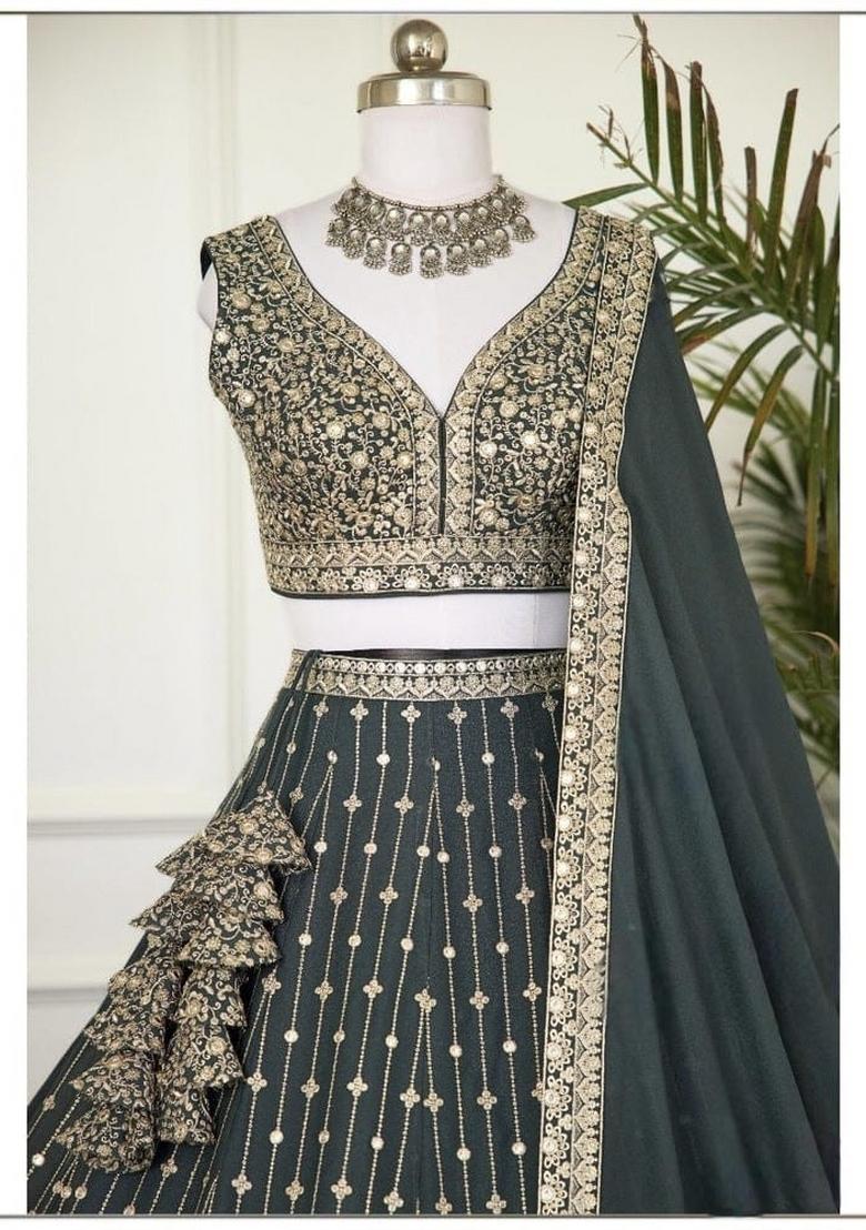 Grey embroidered Georgette Lehenga Set With Dupatta