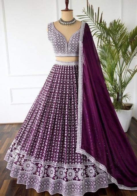 Purple embroidered Georgette Lehenga Set With Dupatta