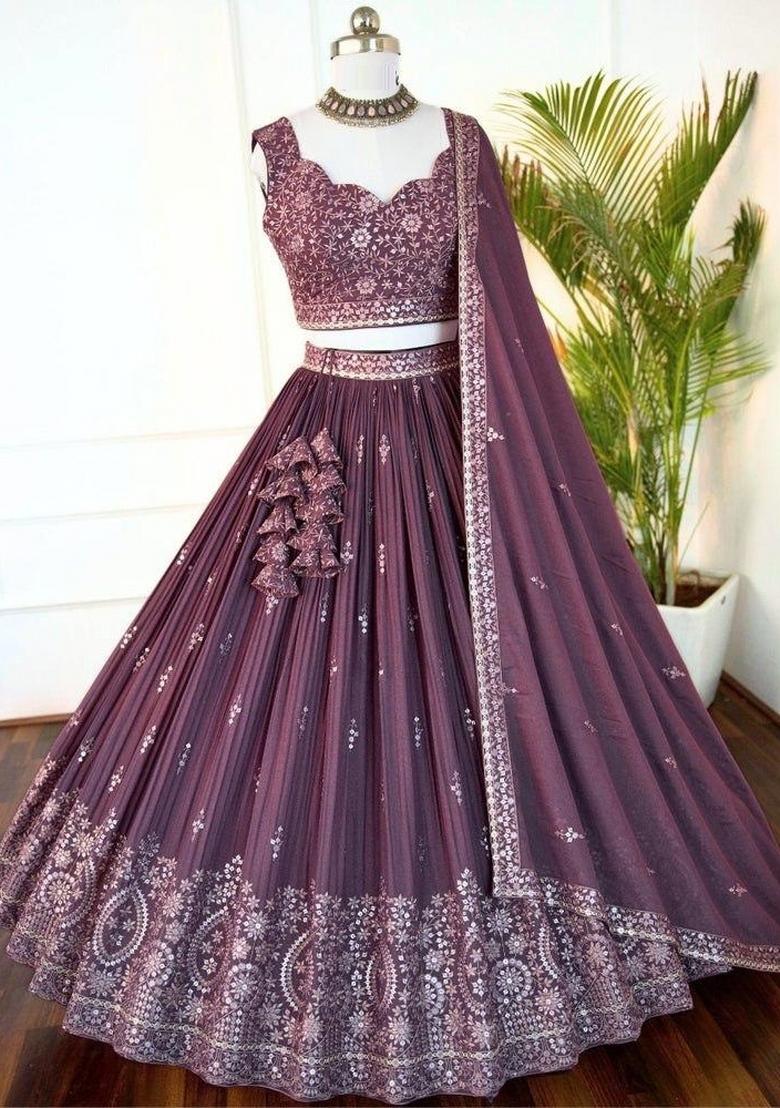 Dark Pink embroidered Georgette Lehenga Set With Dupatta