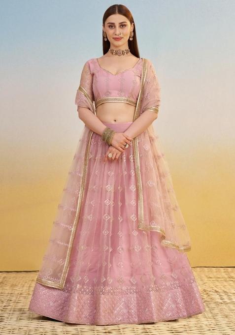 Pink Embroidered Net Lehenga Set With Dupatta