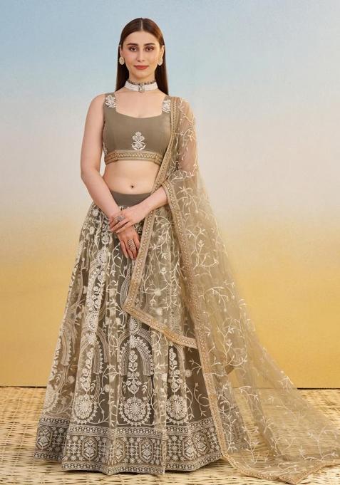 Ivory Embroidered Net Lehenga Set With Dupatta