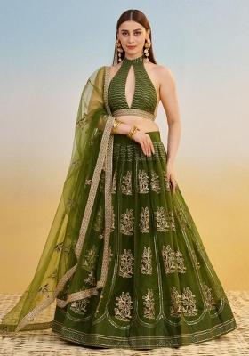Green Embroidered Net Lehenga Set With Dupatta