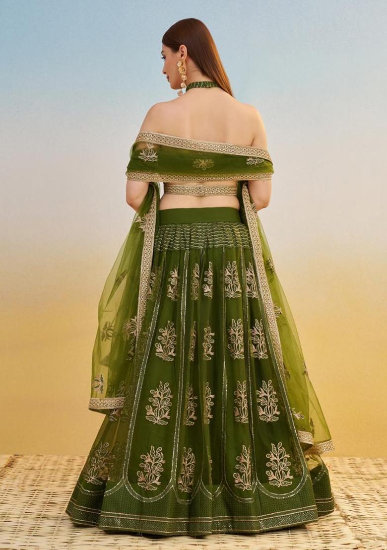 Green Embroidered Net Lehenga Set With Dupatta