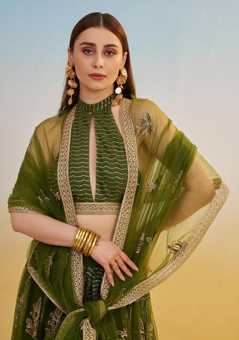 Green Embroidered Net Lehenga Set With Dupatta