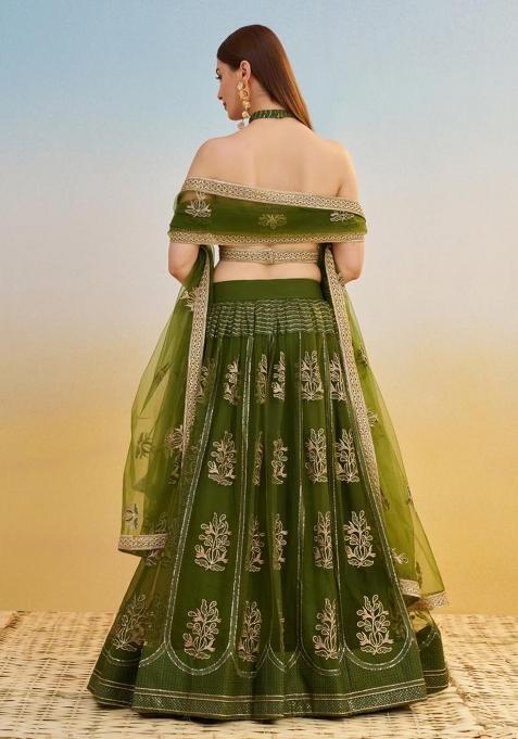 Green Embroidered Net Lehenga Set With Dupatta