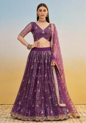 Purple Embroidered Net Lehenga Set With Dupatta