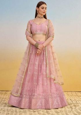 Pink Embroidered Net Lehenga Set With Dupatta