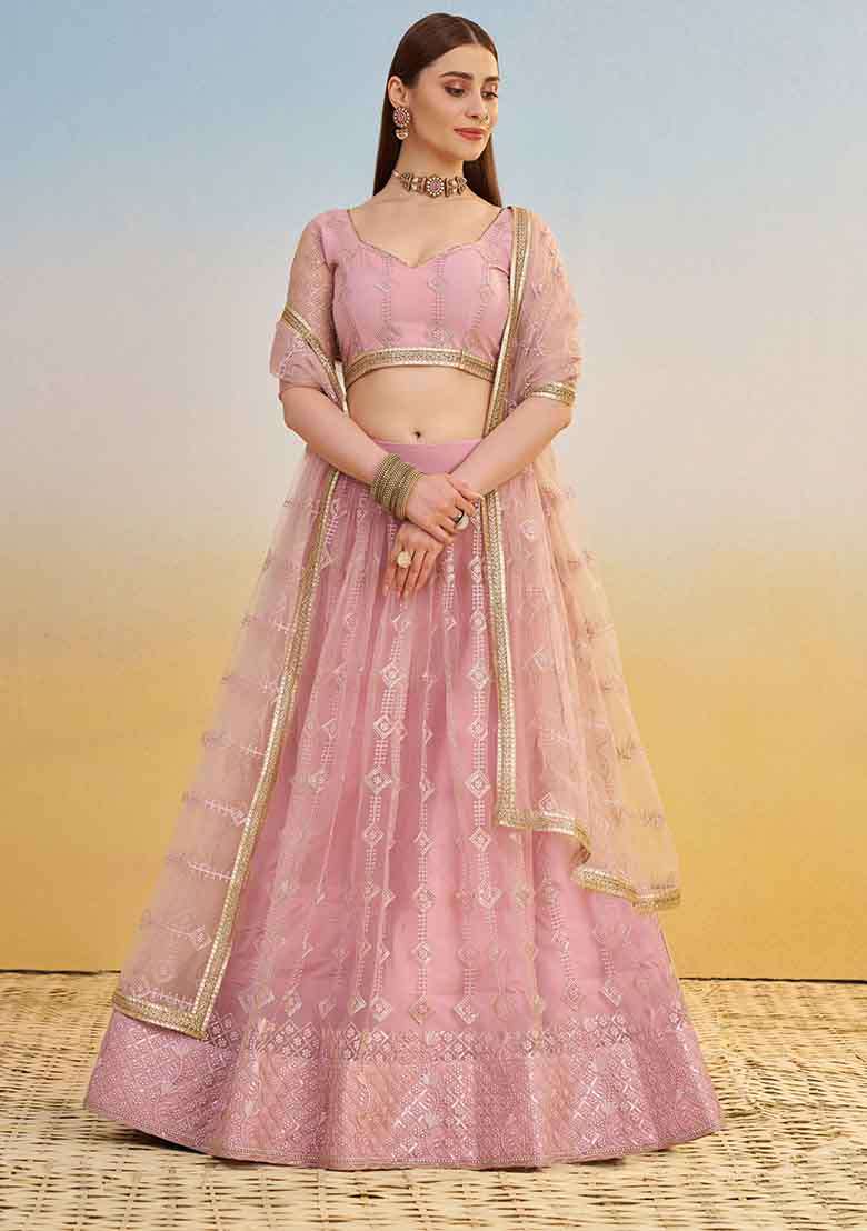 Pink Embroidered Net Lehenga Set With Dupatta - Indya