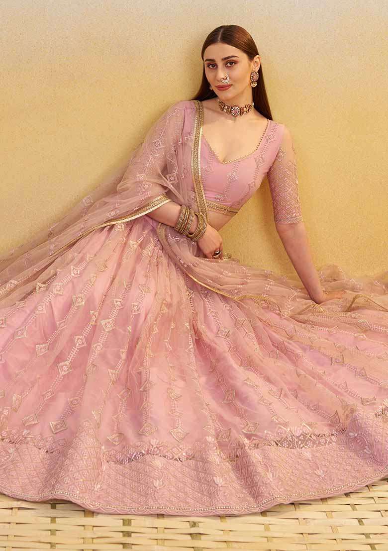 Pink Embroidered Net Lehenga Set With Dupatta - Indya