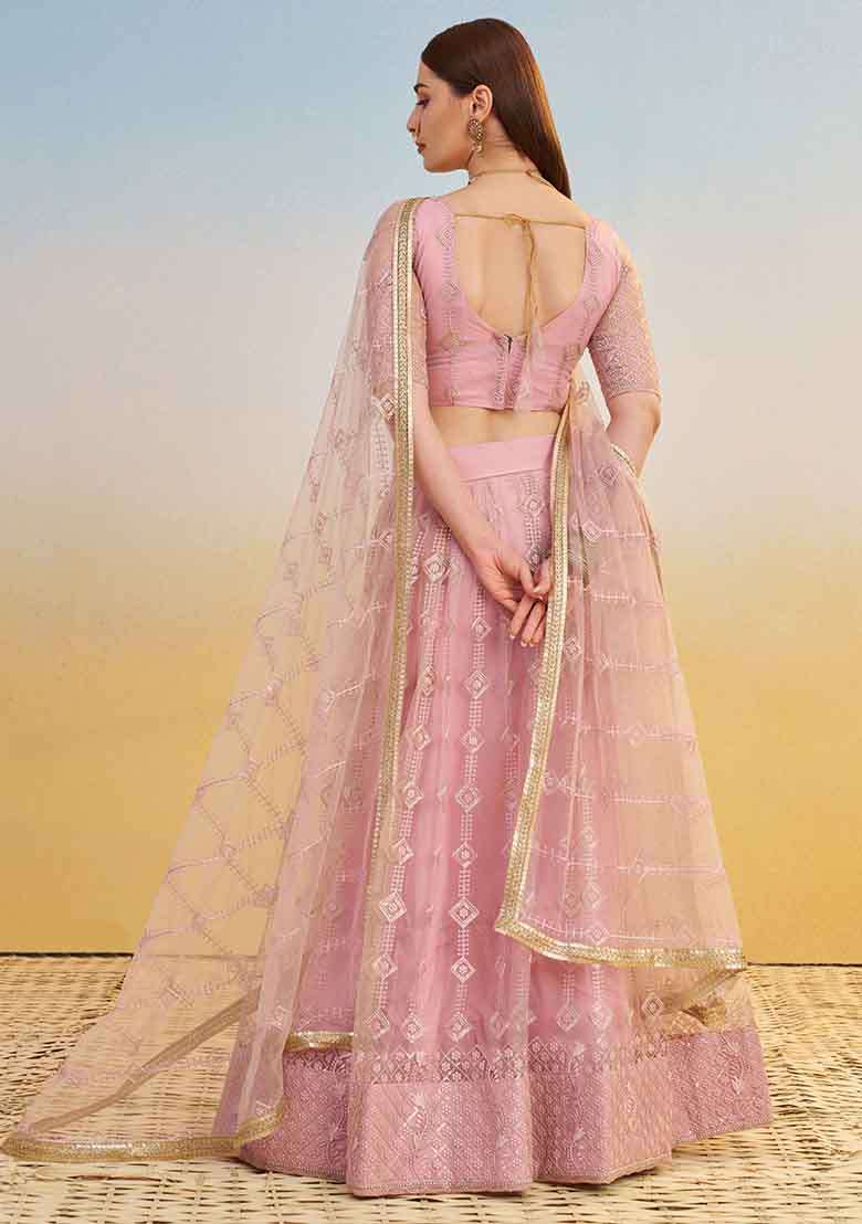 Pink Embroidered Net Lehenga Set With Dupatta - Indya