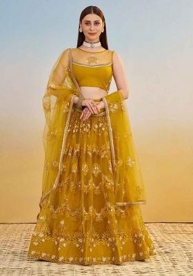 Mustard Yellow Embroidered Net Lehenga Set With Dupatta
