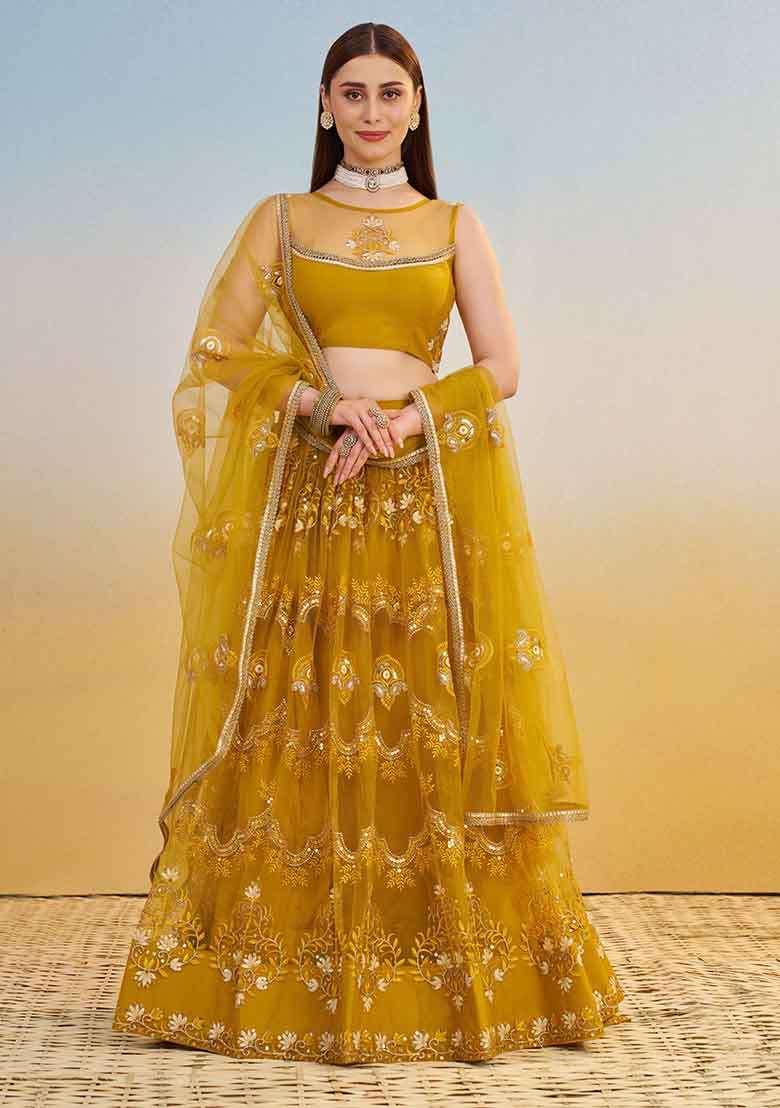 Mustard Yellow Embroidered Net Lehenga Set With Dupatta - Indya