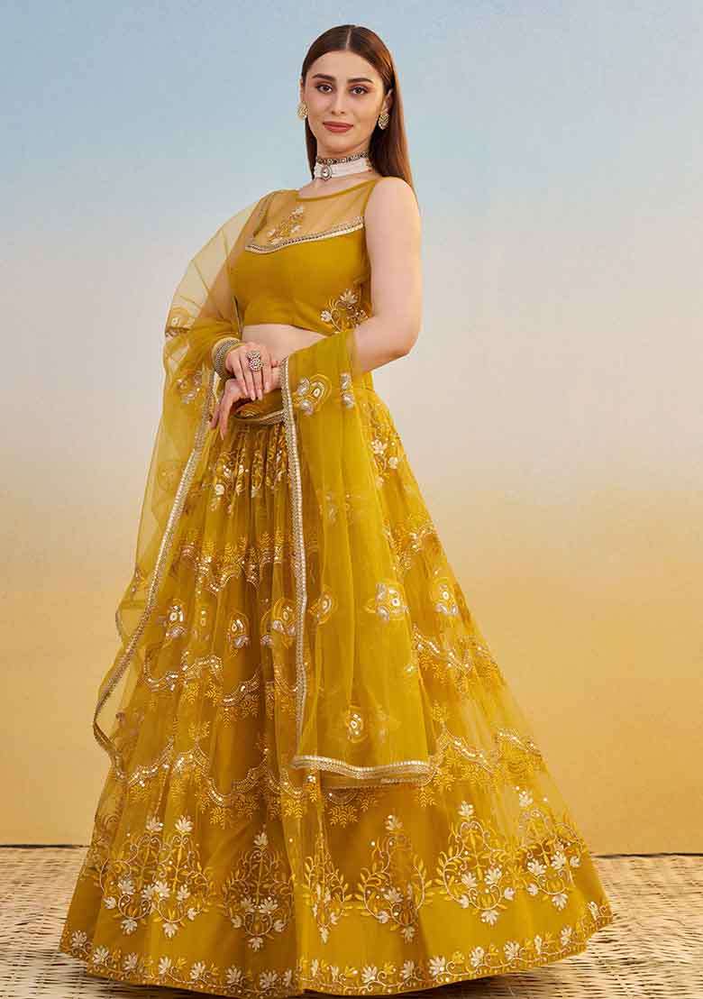 Mustard Yellow Embroidered Net Lehenga Set With Dupatta - Indya