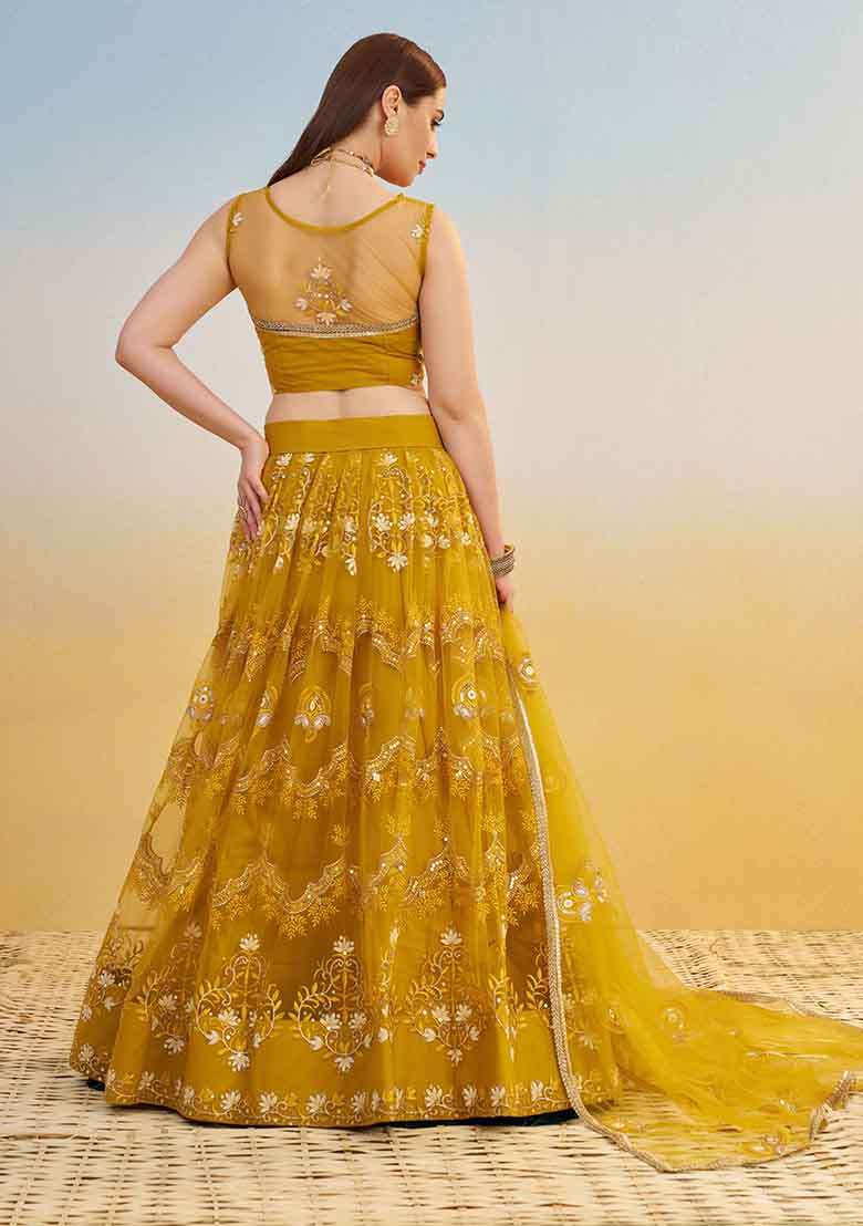 Mustard Yellow Embroidered Net Lehenga Set With Dupatta - Indya