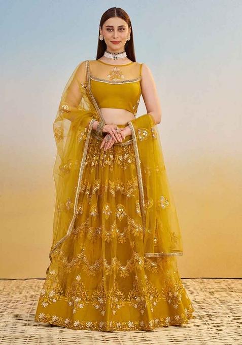 Mustard Yellow Embroidered Net Lehenga Set With Dupatta