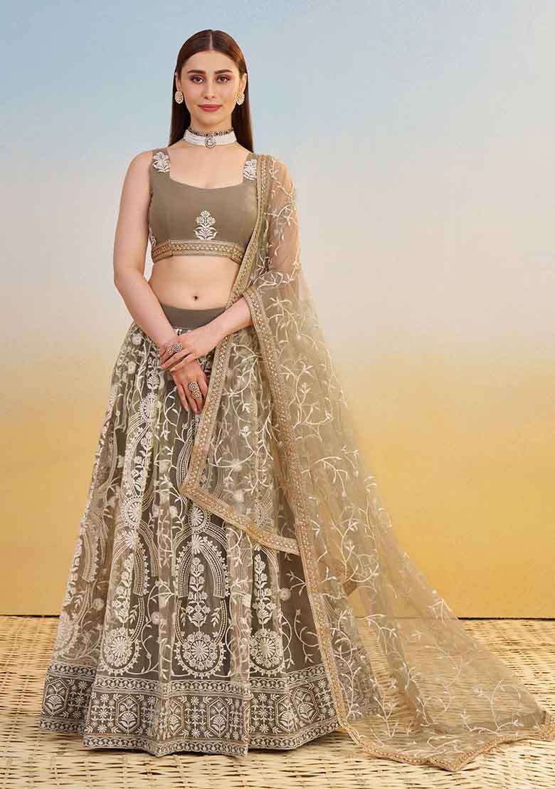 Ivory Embroidered Net Lehenga Set With Dupatta - Indya