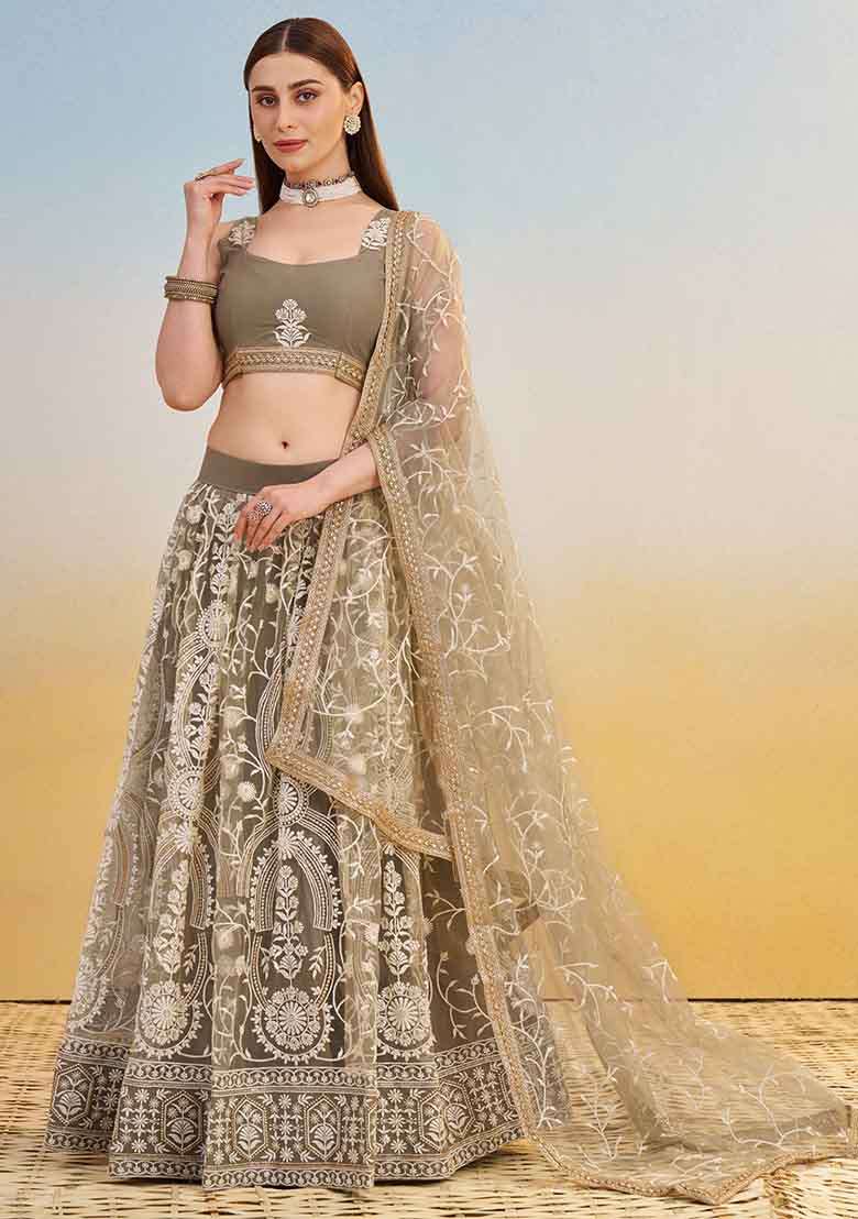 Ivory Embroidered Net Lehenga Set With Dupatta - Indya