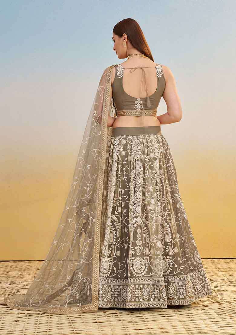 Ivory Embroidered Net Lehenga Set With Dupatta - Indya