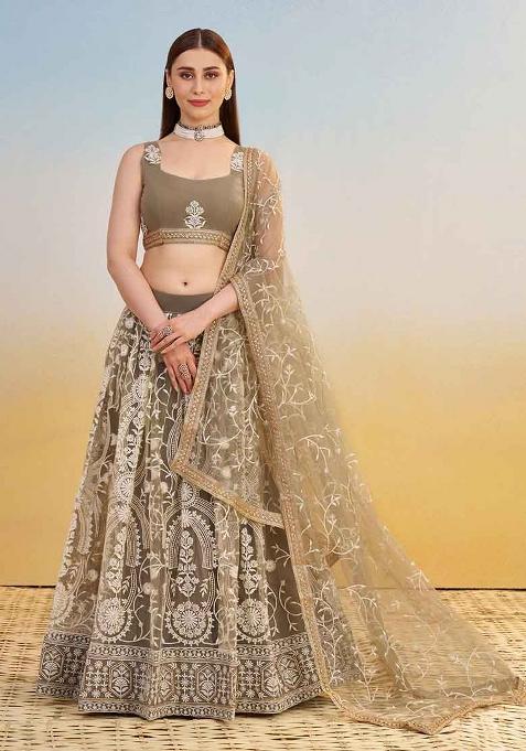 Ivory Embroidered Net Lehenga Set With Dupatta
