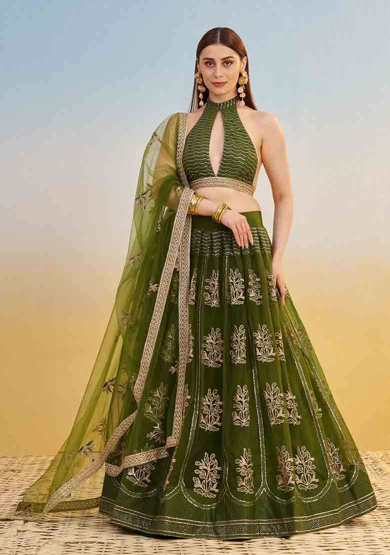 Mehandi Green Embroidered Net Lehenga Set With Dupatta - Indya