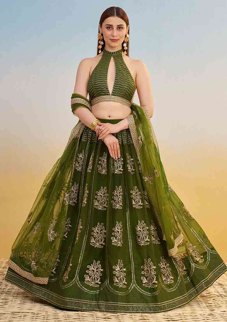 Mehandi Green Embroidered Net Lehenga Set With Dupatta - Indya