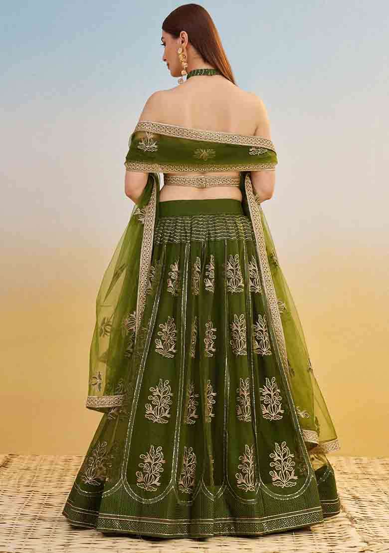 Mehandi Green Embroidered Net Lehenga Set With Dupatta - Indya