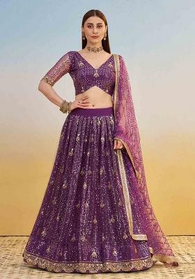 Purple Embroidered Net Lehenga Set With Dupatta