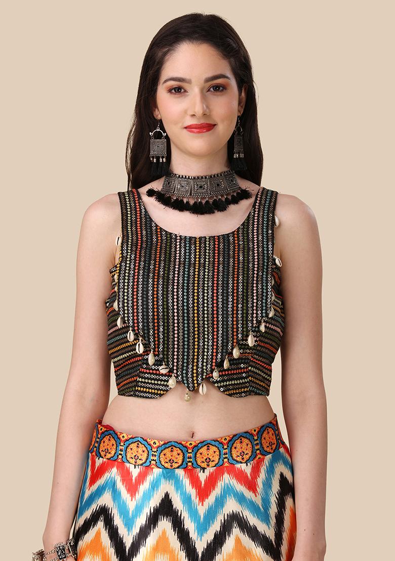 Multi Color Embroidered Silk Lehenga Set With Dupatta