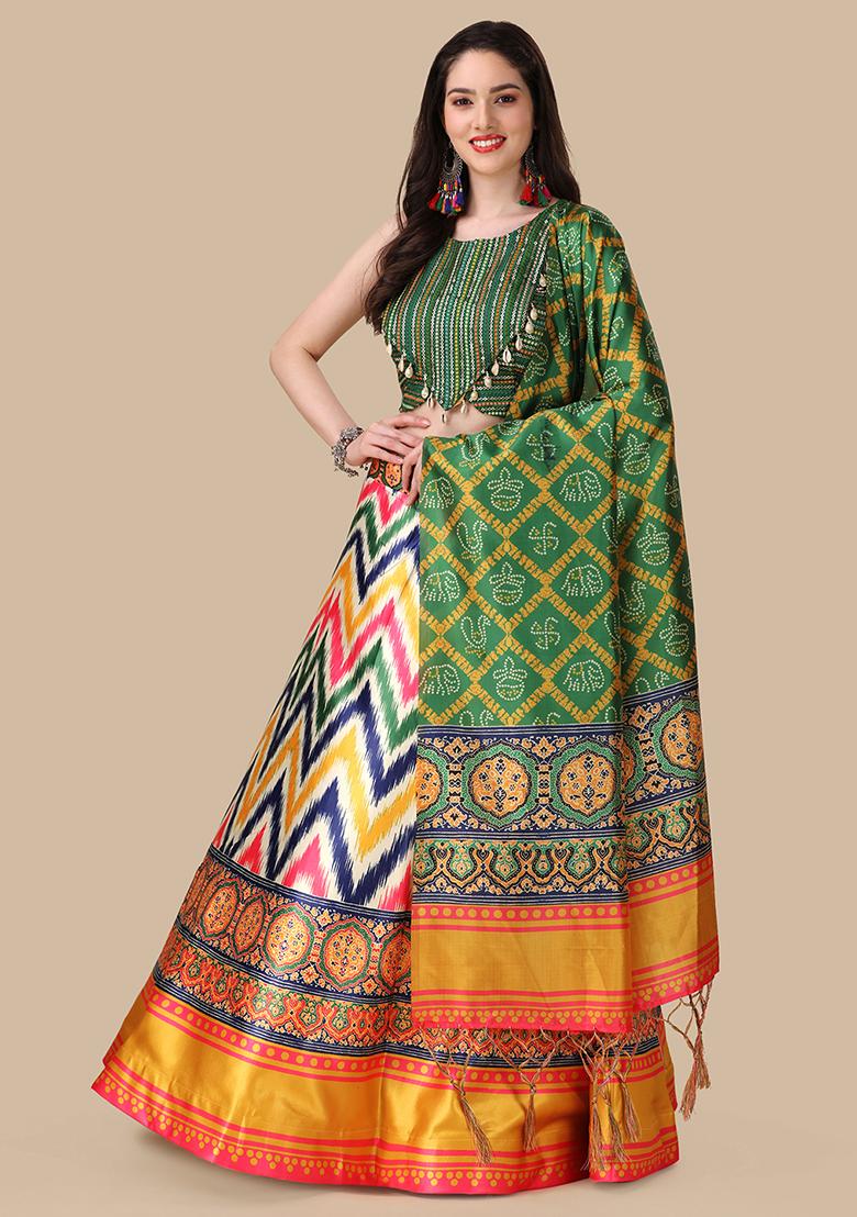 Multi Color Embroidered Silk Lehenga Set With Dupatta