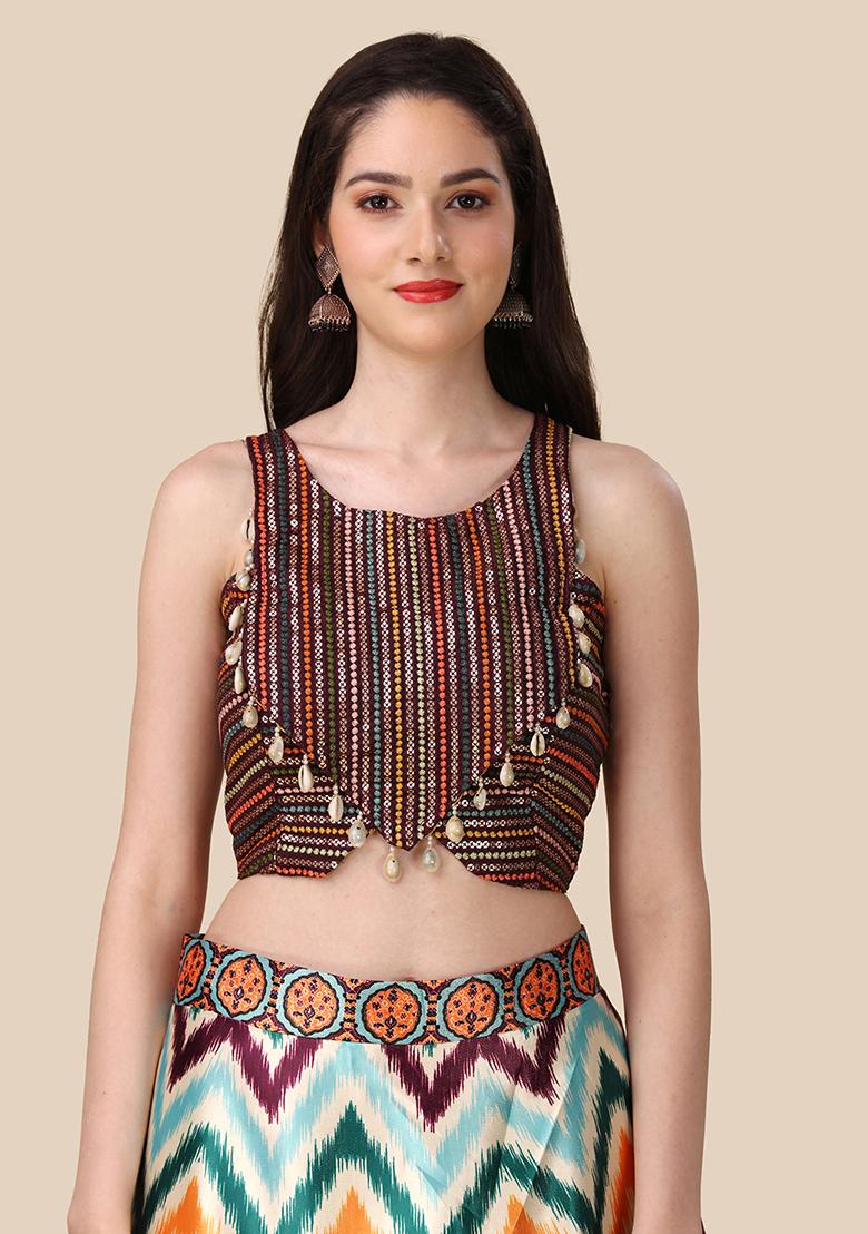 Multi Color Embroidered Silk Lehenga Set With Dupatta