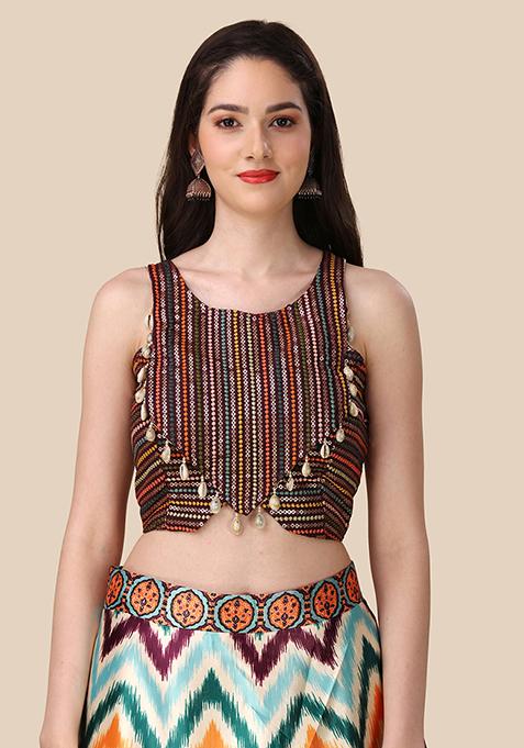 Multi Color Embroidered Silk Lehenga Set With Dupatta