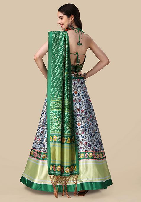 Green Embroidered Silk Lehenga Set With Dupatta