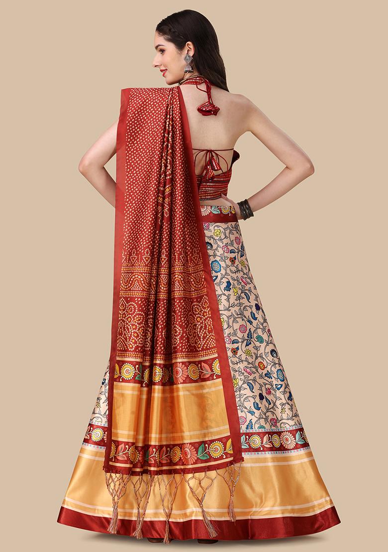 Marron Embroidered Silk Lehenga Set With Dupatta
