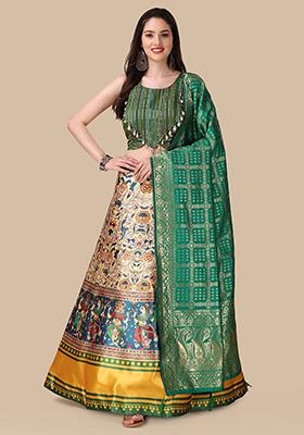Multi Color Embroidered Silk Lehenga Set With Dupatta