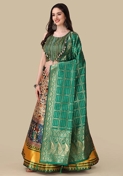 Multi Color Embroidered Silk Lehenga Set With Dupatta