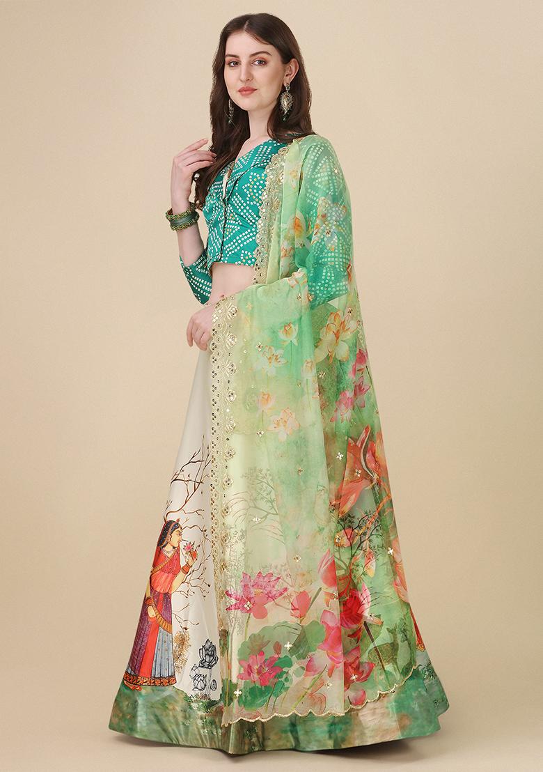 Multi Color Embroidered Silk Lehenga Set With Dupatta