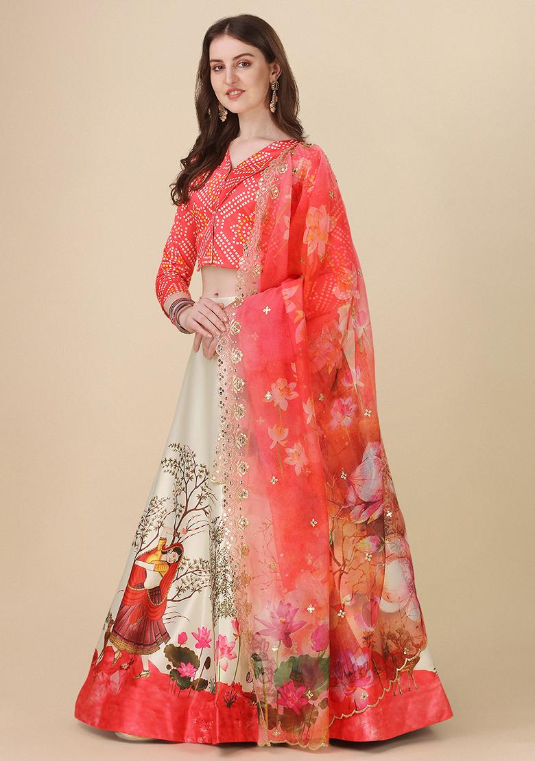 Multi Color Embroidered Silk Lehenga Set With Dupatta
