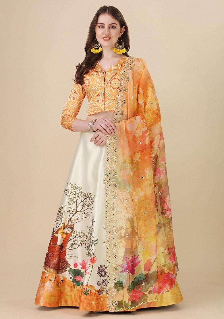 Multi Color Embroidered Silk Lehenga Set With Dupatta