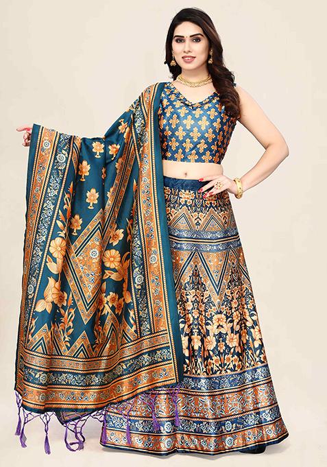 Multi Embroidered Silk Lehenga Set With Dupatta