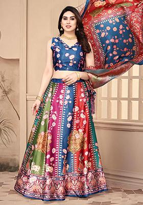 Blue Embroidered Silk Lehenga Set With Dupatta