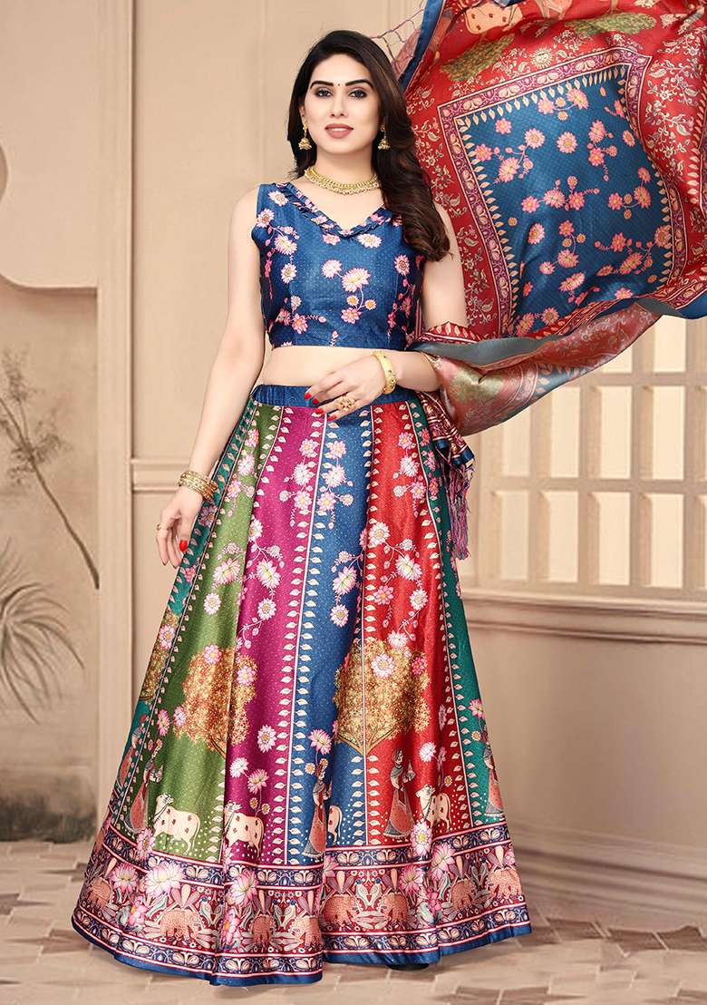 Blue Embroidered Silk Lehenga Set With Dupatta - Indya