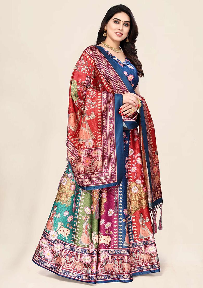 Blue Embroidered Silk Lehenga Set With Dupatta