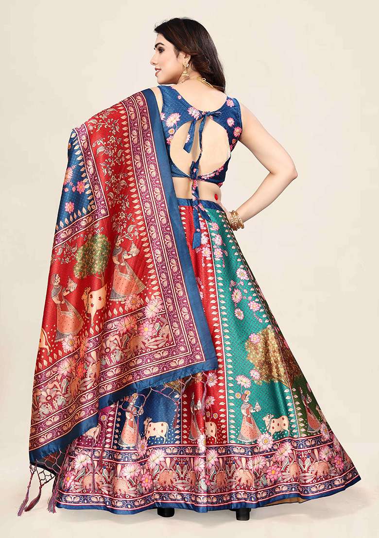 Blue Embroidered Silk Lehenga Set With Dupatta - Indya