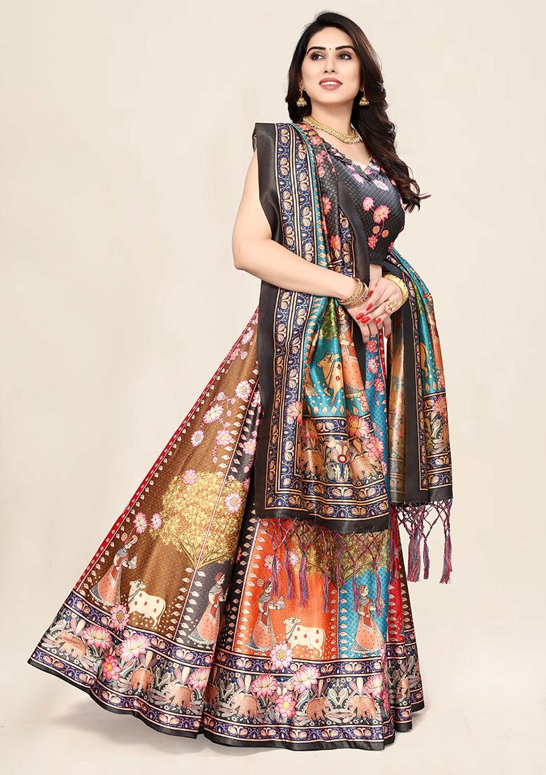 Brown Embroidered Silk Lehenga Set With Dupatta
