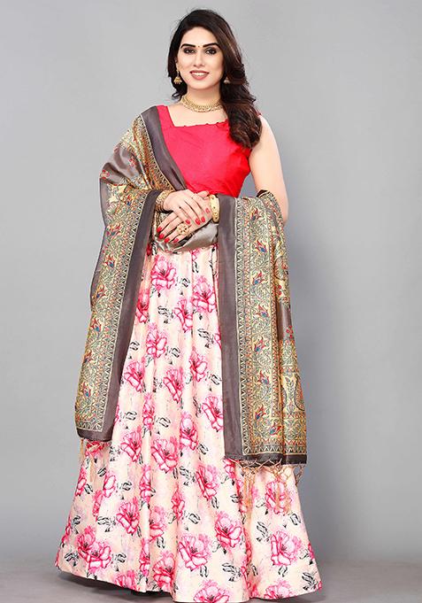 Pink Embroidered Silk Lehenga Set With Dupatta