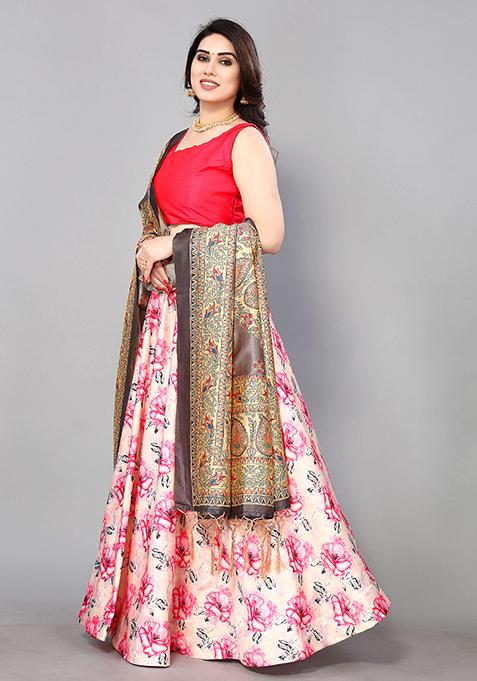 Pink Embroidered Silk Lehenga Set With Dupatta