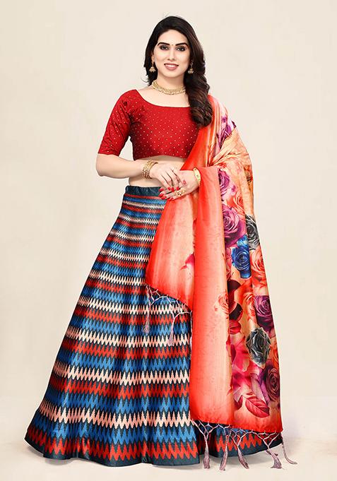 Multi Embroidered Silk Lehenga Set With Dupatta