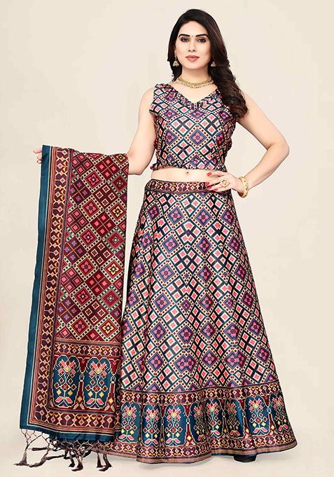 Multi Embroidered Silk Lehenga Set With Dupatta