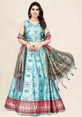 Sky Embroidered Silk Lehenga Set With Dupatta